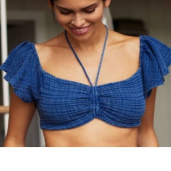 Anthropologie THE JERRY CINCHED Crop TOP Ruffled Cap Sleeve in Blue - Picture 3 of 7